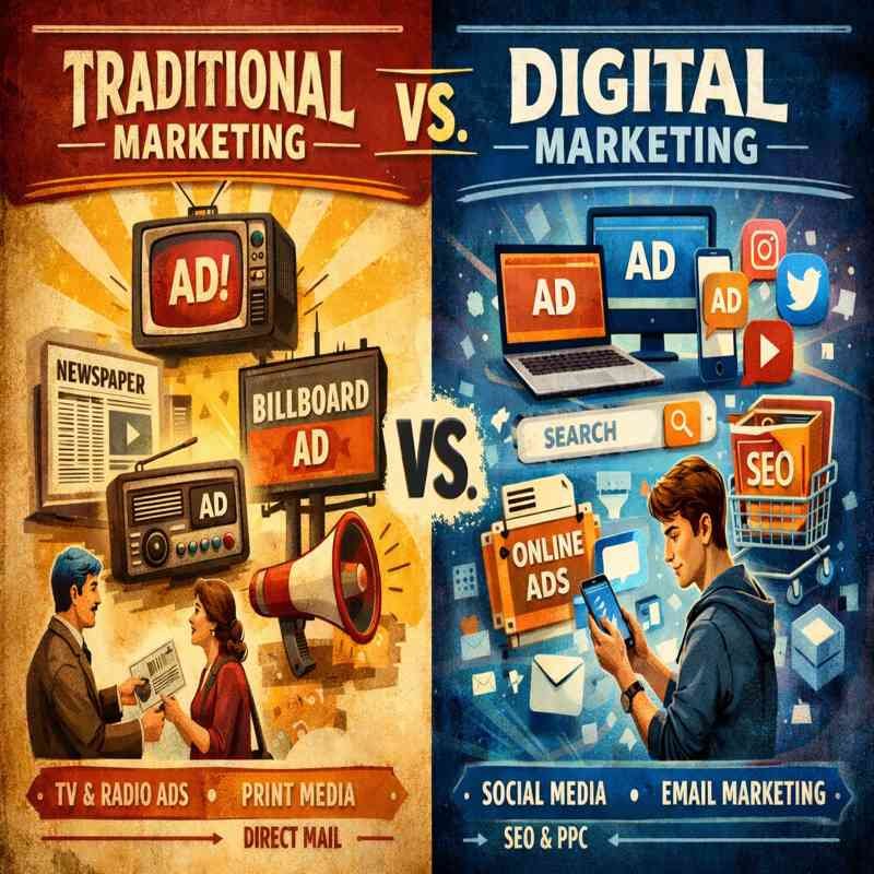 Traditional marketing vs digital marketing comparison poster showing TV, radio, newspaper ads on one side and social media, SEO, and online ads on the other side